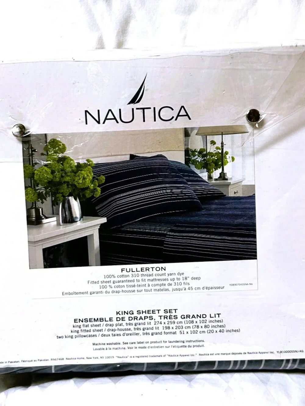Vintage King size Nautica Deep Fitted Sheet Set~Navy Blue White pinstripe 310tc